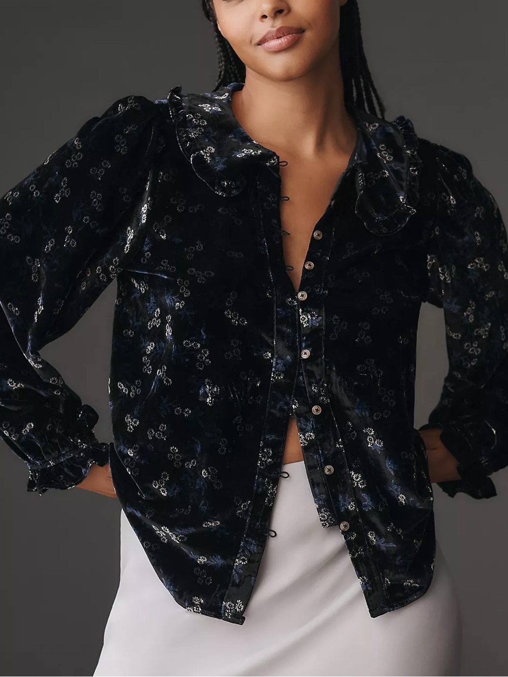 Anthropologie Pilcro KEIRA COLLARED BUTTON-FRONT BLOUSE LONG-SLEEVE VELVET Black